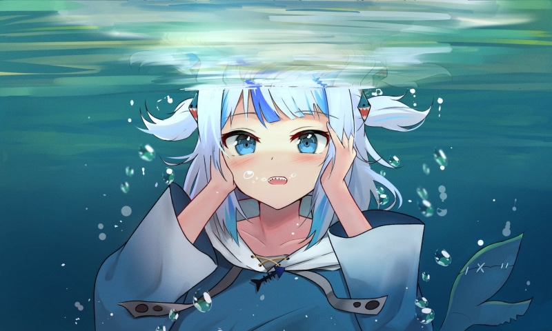 Gawr Gura, anime, underwater, Hololive, shark teeth, blue eyes, anime girls, 1080P