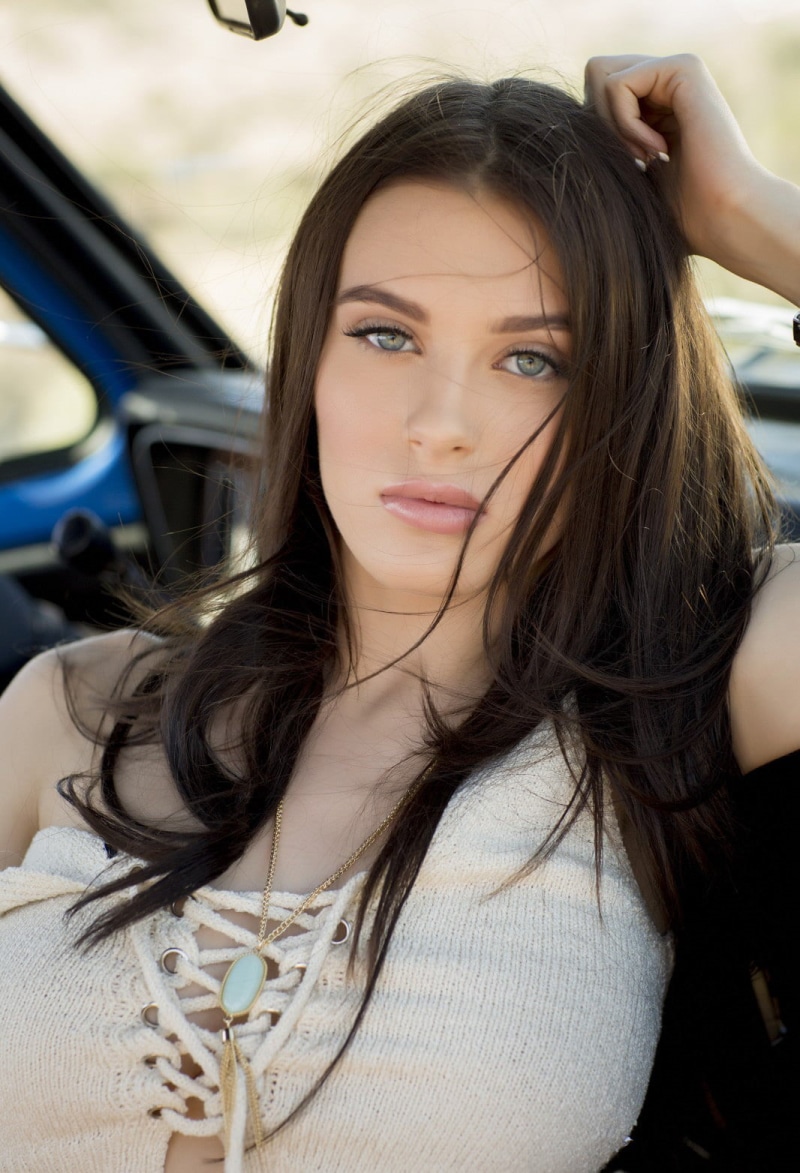 hairstyle, looking at camera, rhoades, front view, brown hair, young adult, hair, 720P, blue eyes, adult, lana, transportation, car, beautiful woman, Lana Rhoades