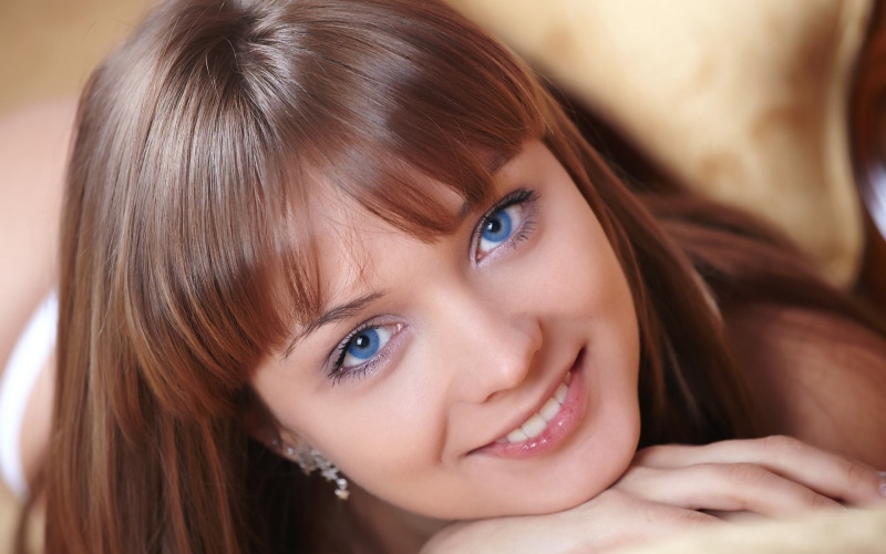 bangs, headshot, looking at viewer, portrait, Lada A, adult, females, human body part, human face, innocence, indoors, long hair, model, blue eyes, hair