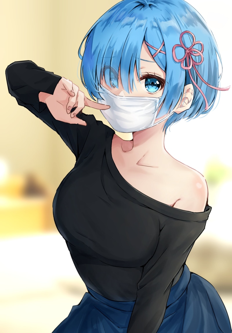 Re:Zero Kara Hajimeru Isekai Seikatsu, drawing, covered face, blue eyes, bare shoulders, anime girls, Rem (Re: Zero), depth of field, blue hair, 2K, anime