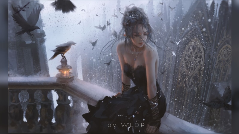 city, fantasy art, black dress, WLOP, dress, women, birds, 1080P, fantasy girl, cleavage