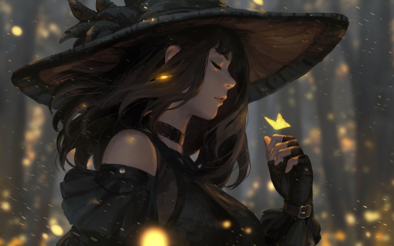 brunette, women, witch, fantasy art, illustration, closed eyes, artwork, GUWEIZ, 4K, fantasy girl, digital art, witch hat, magic, original characters