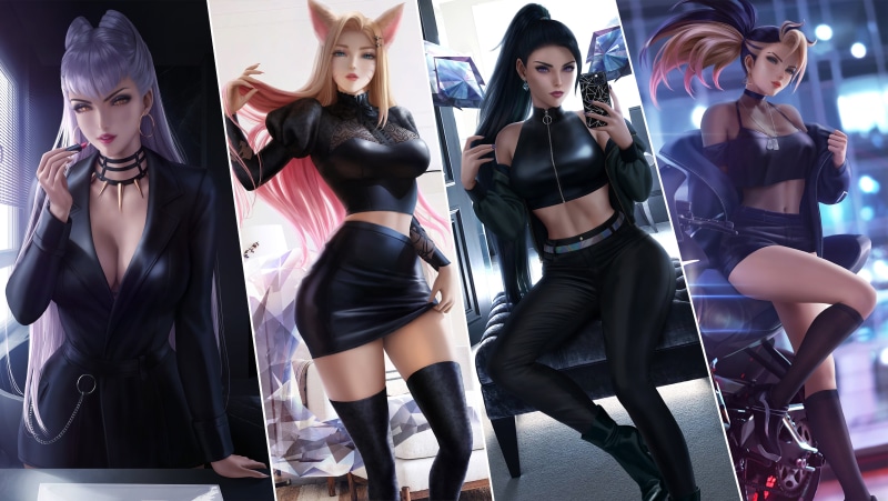 fantasy girl, legs, 4K, Akali(League of Legends), drawing, League of Legends, KDA Ahri, women, Wickellia, video game art, Akali, looking at viewer, kaisa