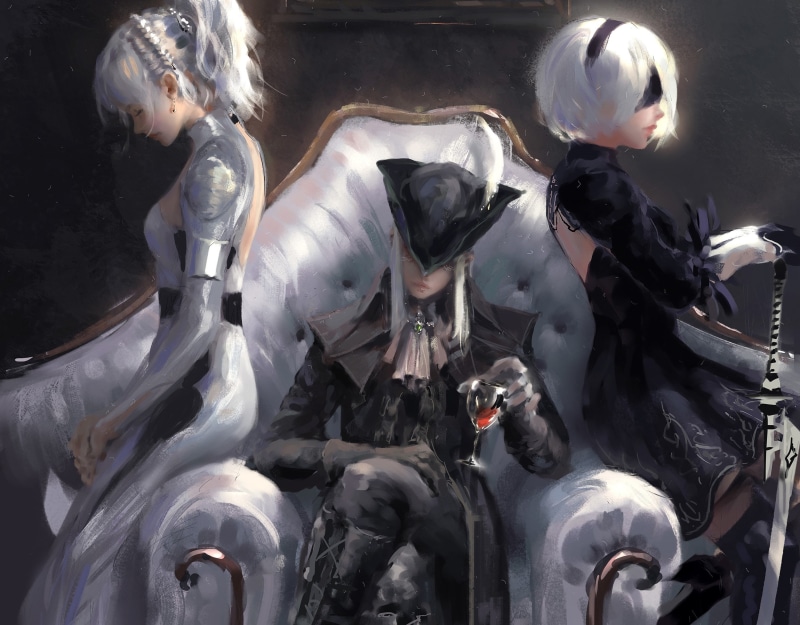 women, video games, sitting, Bloodborne, Nier: Automata, Final Fantasy XV, WLOP, digital art, Lady Maria, fantasy girl, 2K, warrior
