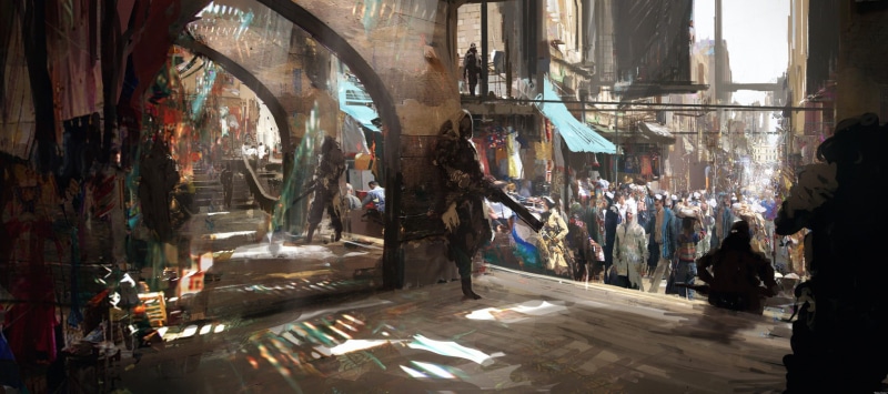 digital art, fantasy art, men, science fiction, messy, consumerism, cyberpunk, lifestyles, people, indoors, group of people, architecture, incidental people