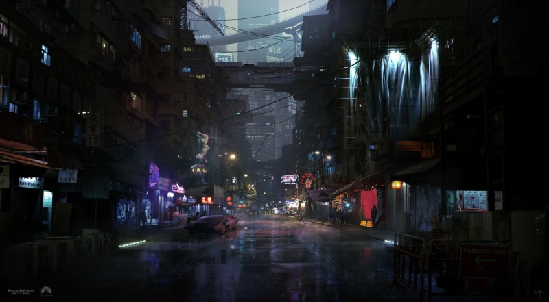 illuminated, motor vehicle, science fiction, transportation, building, city, cyberpunk, city street, building exterior, rain, the way forward, direction