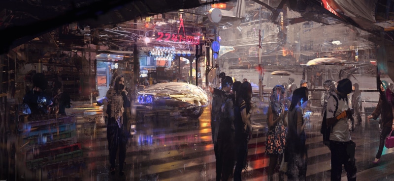 real people, built structure, fantasy art, women, city, cyber, digital art, city life, group of people, night, architecture, leisure activity, people, reflection