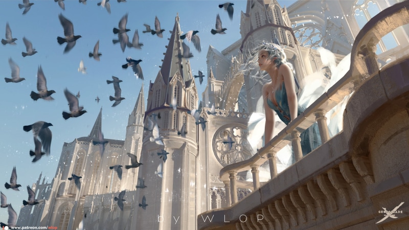 digital art, castle, white hair, fantasy art, Fantasy Architecture, original characters, comics, WLOP, Ghostblade, balcony, birds, comic art, artwork, Ghost + Blade