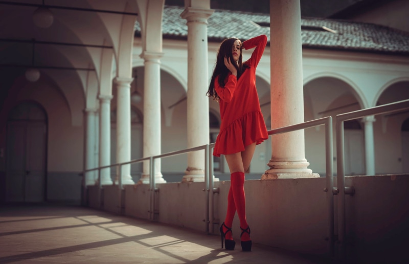 legs crossed, dress, women outdoors, long, red, clothing, architectural column, day, s, Marco Squassina, red dress, full length, balcony, minidress, women