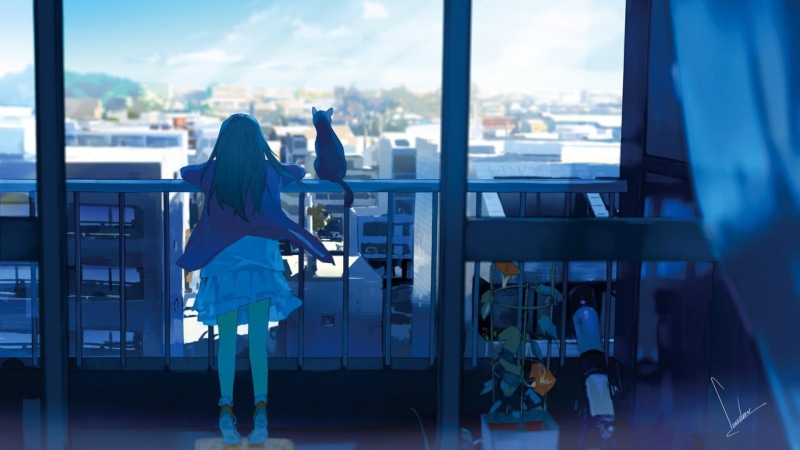 pixiv, cute, anime, cat, girl, balcony, city, 1080P