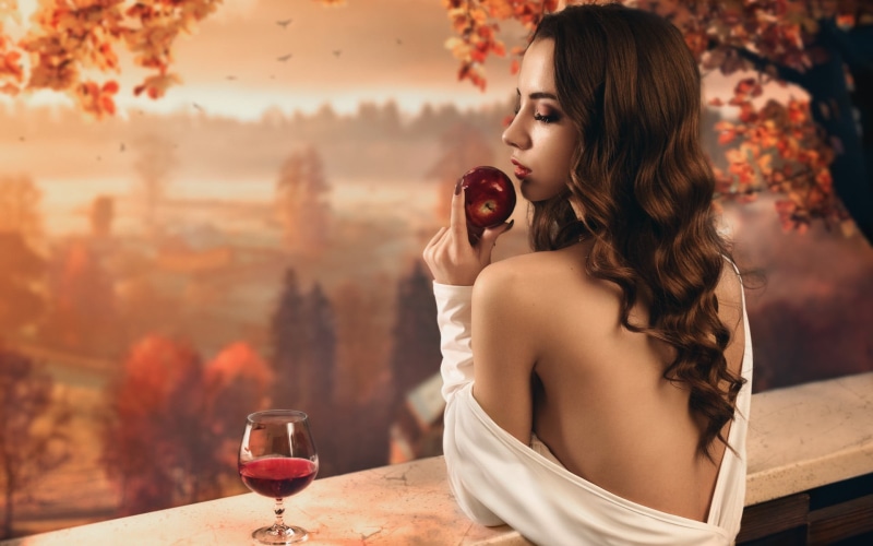 wineglass, 1080P, hairstyle, trees, outdoors, real people, long hair, open mouth, refreshment, model, leaves, portrait, beauty, apples, woman, adult, nature