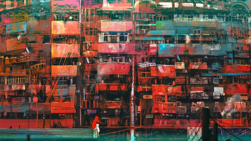 glass - material, slum, multi Colored, digital composite, urban Scene, hong Kong, industry, window, abstract, red, backgrounds, 1080P, color, city, water