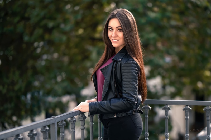 portrait, young women, Lenka, leather, hair, brown eyes, women, long hair, three quarter length, standing, beautiful woman, young adult, model, near, railing