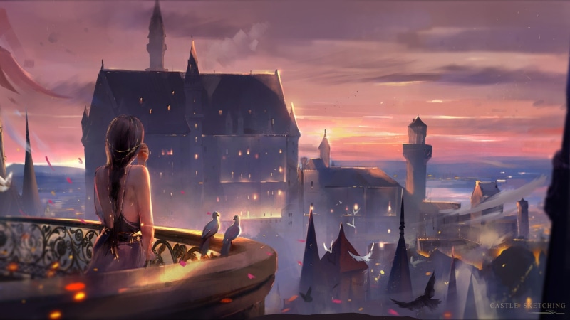 the roofs of the houses, long hair, the sky, tower, from the back, castle, Wlop, 1080P, the light in the Windows, Castle Sketching, art, the evening, spires