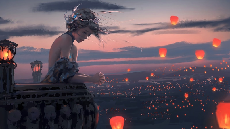 2K, WLOP, balcony, wind, princess, sky lanterns, painting, crown