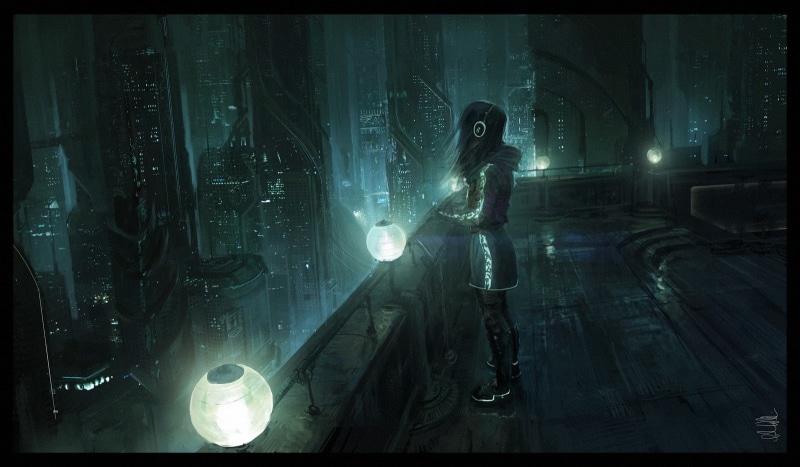 science fiction, futuristic city, cityscape, balcony, city, dark, fantasy art, headphones, futuristic, skyscraper, concept art, cyberpunk, digital art