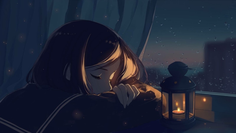 black hair, anime, rain, lantern, caidychen, school uniform, closed eyes, window, night, sleeping, short hair, anime girls, 1080P, original characters