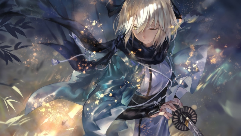 festival, digital composite, lifestyles, azomo, outdoors, sunlight, reflection, day, water, short hair, Okita Souji, sword, illuminated, transparent, shiny