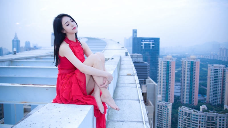 beautiful woman, office building exterior, skyscraper, young adult, cityscape, fashion, photography, beauty, red dress, sleeveless, s, city, adult, one person