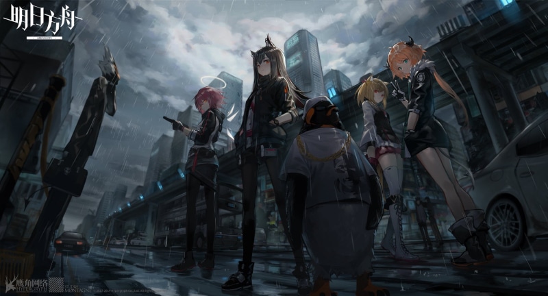 Exusiai (Arknights), artwork, anime, penguins, Texas (Arknights), Croissant(Arknights), gun, 1080P, Sora(Arknights), pistol, digital art, Arknights, neko ears