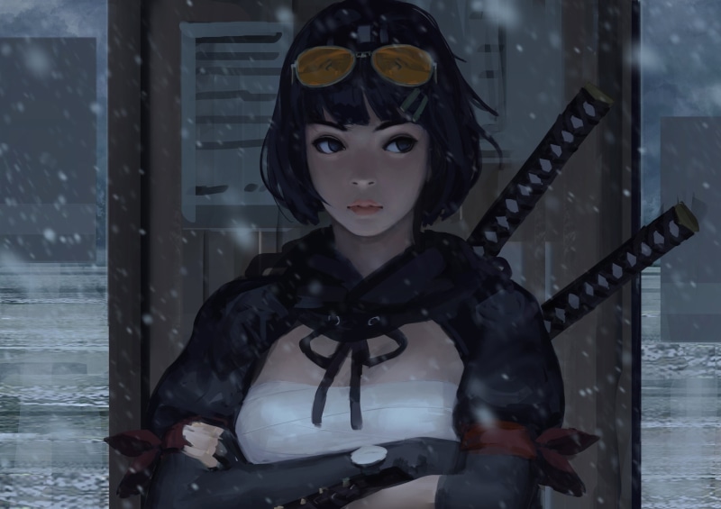 samurai, anime girls, katana, women, Z.W. Gu, anime, warrior, alone, 2K, winter, snowing, glasses, GUWEIZ