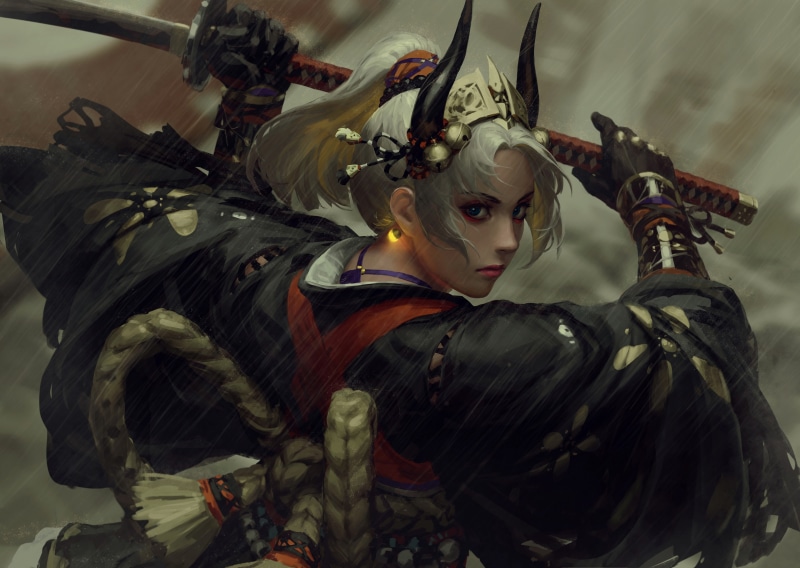long hair, GUWEIZ, Japanese clothes, samurai, digital art, rain, armor, ponytail, horns, white hair, 2D, Z.W. Gu, blue eyes, kimono, women with swords