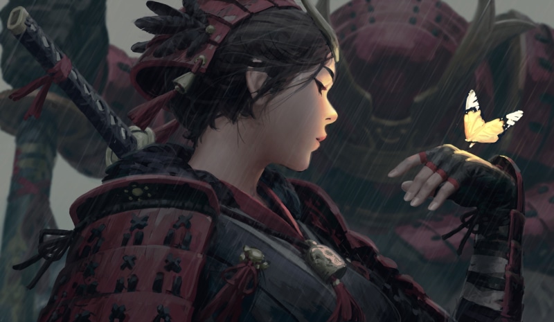 illustration, drawing, black hair, Armored, katana, fantasy art, arm warmers, 4K, feathers, helmet, butterfly, women, glowing, Z.W. Gu, warrior girls