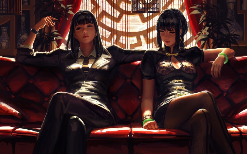 GUWEIZ, black hair, 4K, Z.W. Gu, artwork, digital art, long hair, original characters, legs crossed