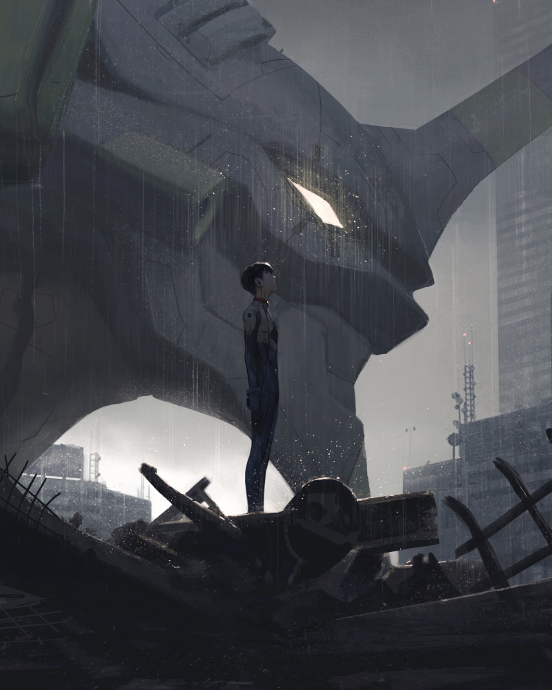Z.W. Gu, artwork, mech, rain, building, fantasy art, anime, standing, fan art, illustration, profile, plugsuit, Neon Genesis Evangelion, manga, destruction