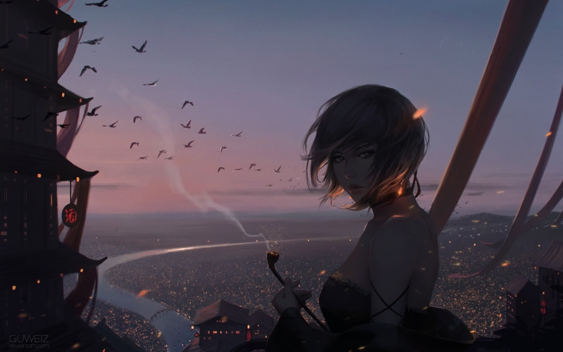 fantasy art, casual clothing, one person, character, leisure activity, animals in the wild, GUWEIZ, 1080P, water, outdoors, flock of birds, real people