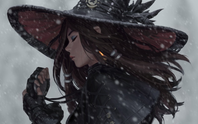 digital art, artwork, winter, brunette, women with hats, black clothing, original characters, fingerless gloves, snow, snowing, hat, fantasy art, 4K, illustration