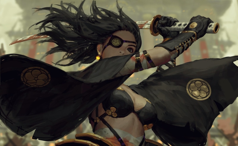 blood, samurai, woman warrior, the fight, black hair, art, emblem, eye patch, blow, black cloak, 1080P, katana, Guweiz, gloves