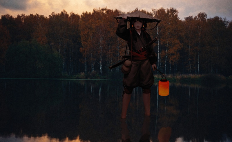 irl, anime, one person, hat, lifestyles, lake, young adult, clothing, nature, reflection, leisure activity, day, front view, outdoors, water, plant, adult