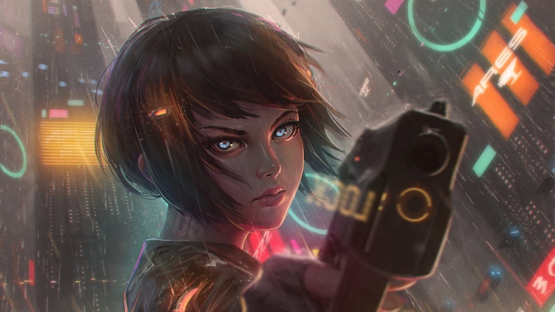 1080P, gun, anime girls, girls with guns, weapon, anime, blue eyes, science fiction, futuristic, GUWEIZ, cyberpunk, rain, artwork, dark hair, short hair