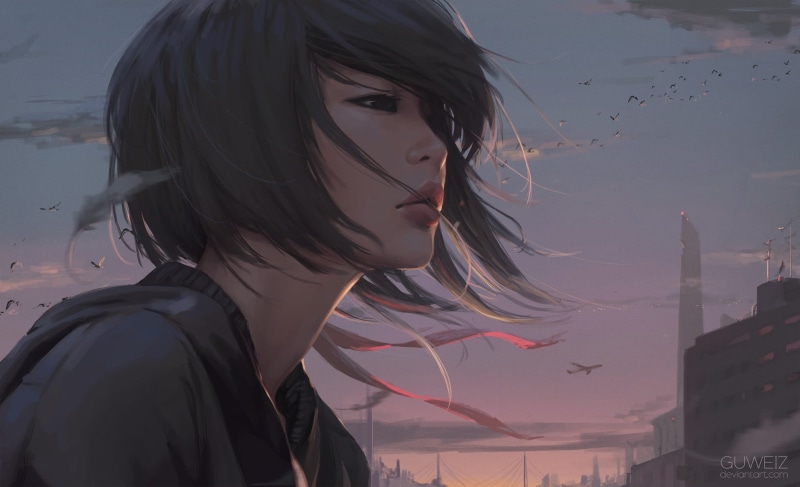 women, GUWEIZ, artwork, hair, anime, leisure activity, built structure, contemplation, female, portrait, 1080P, beauty, beautiful woman, character