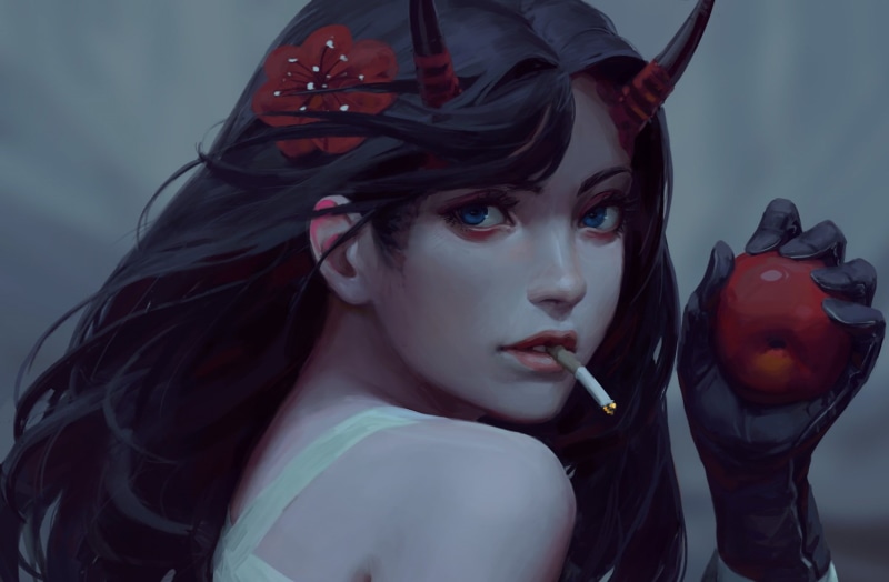 artwork, brunette, 720P, face, gloves, Vexel, GUWEIZ, demon girl, fruit, cigarettes, women