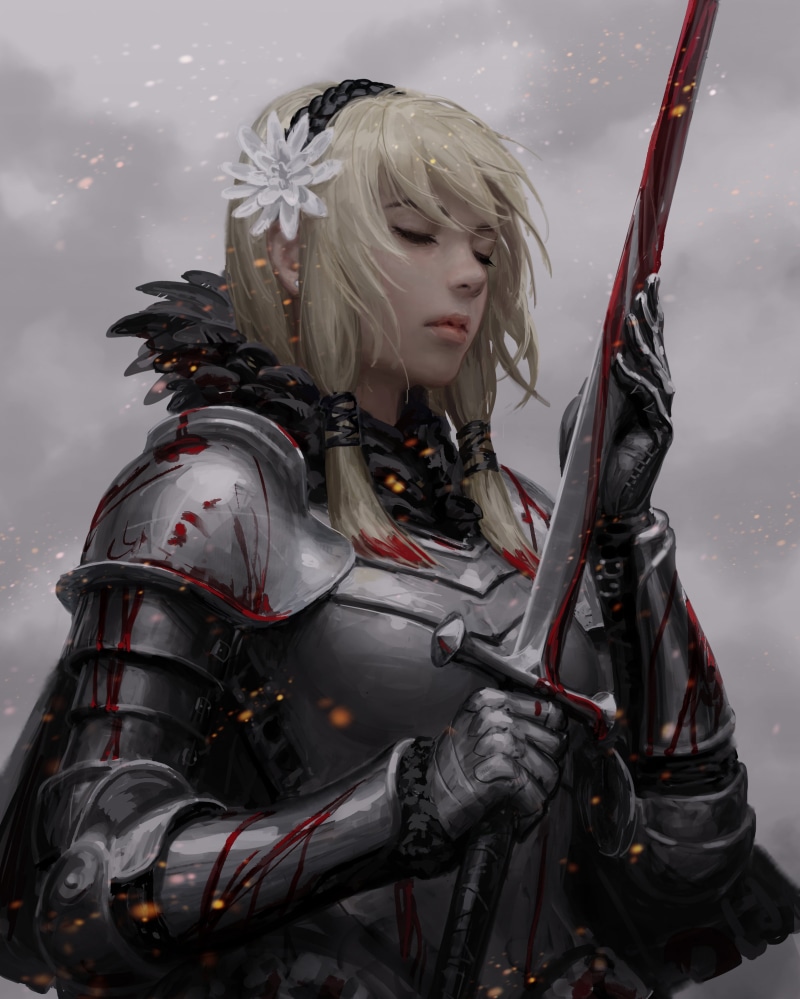 hair accessories, fantasy art, warrior girls, blonde, 2K, closed eyes, sword, sparks, feathers, knight, blood, vertical, Z.W. Gu, weapon, illustration