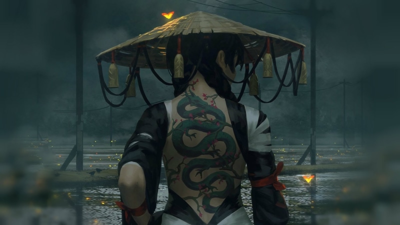 GUWEIZ, women, Asia, dragon, 1080P, back, hat, warrior, Z.W. Gu, fantasy art, fantasy girl, artwork, tattoo