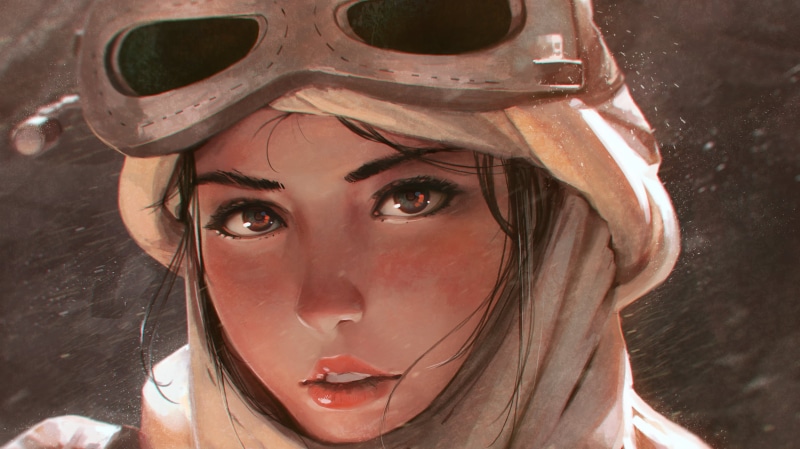 one person, GUWEIZ, wearing, goggle, beauty, women, close-up, hairstyle, painting, portrait, 1080P, beautiful woman, headshot, human face, headwear, indoors