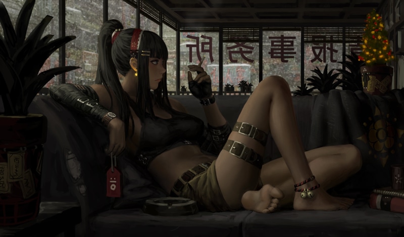 Christmas Tree, plants, barefoot, 4K, GUWEIZ, digital art, belt, Z.W. Gu, long hair, snow, winter, Christmas, cigarettes