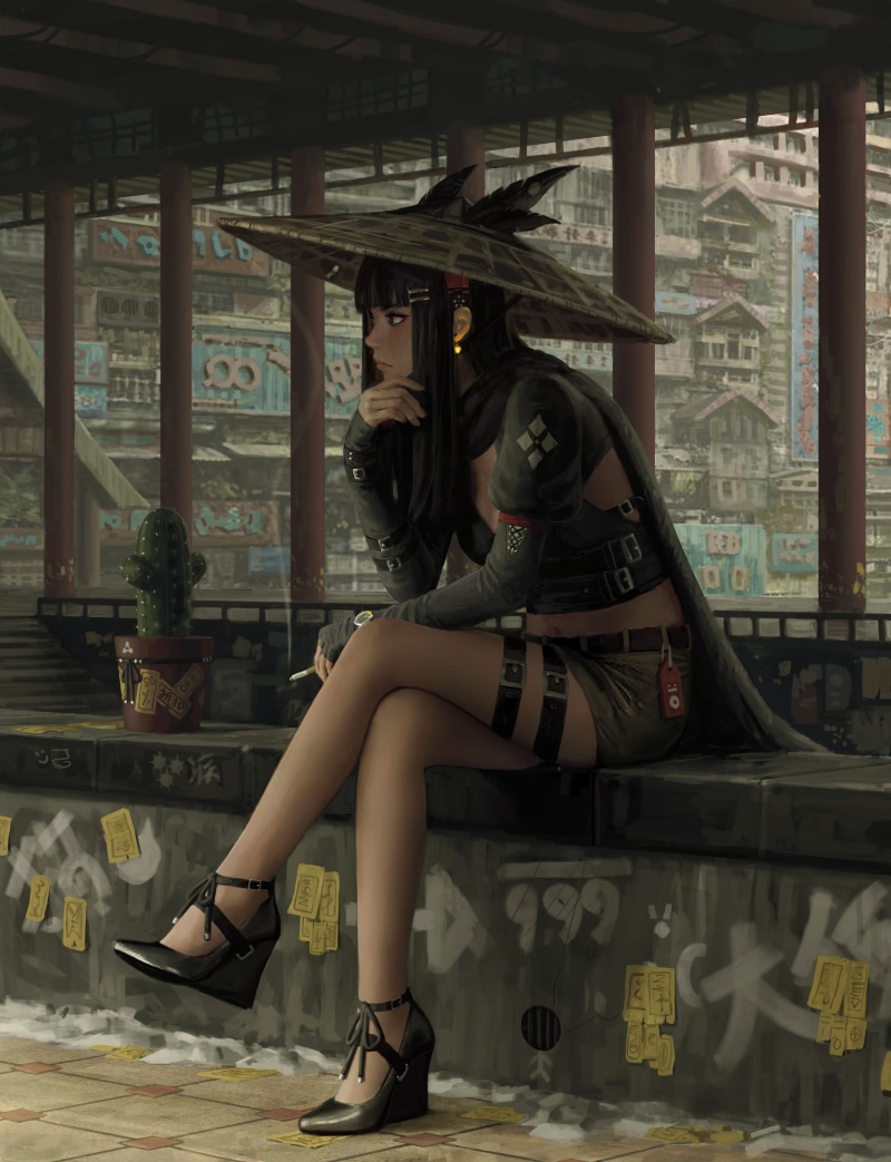hat, GUWEIZ, eastern, 4K, legs crossed, cactus, fantasy art, legs