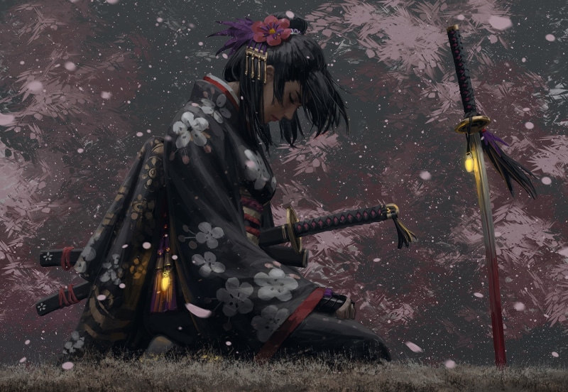 GUWEIZ, artwork, katana, 720P, digital art, sword, kimono