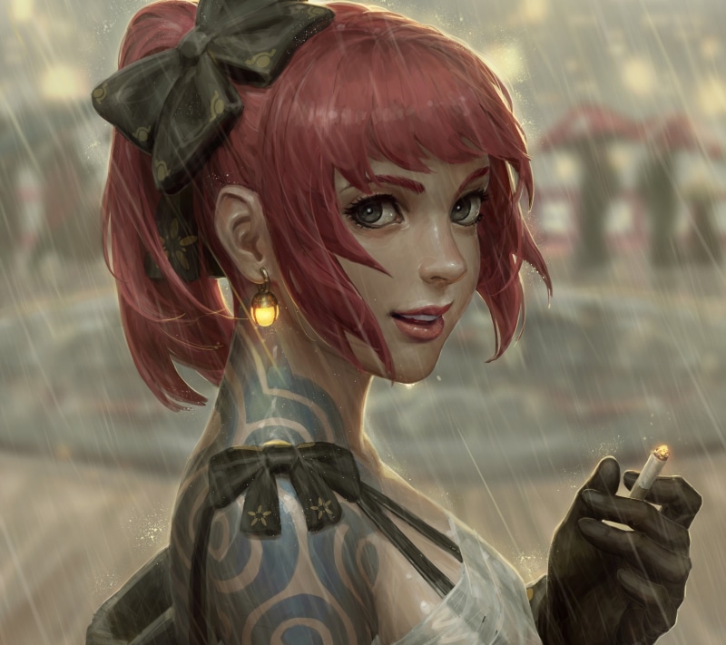Vexel, redhead, cigarettes, digital art, artwork, GUWEIZ, hair ribbon, 2K, women, tattoo, water drops, earring