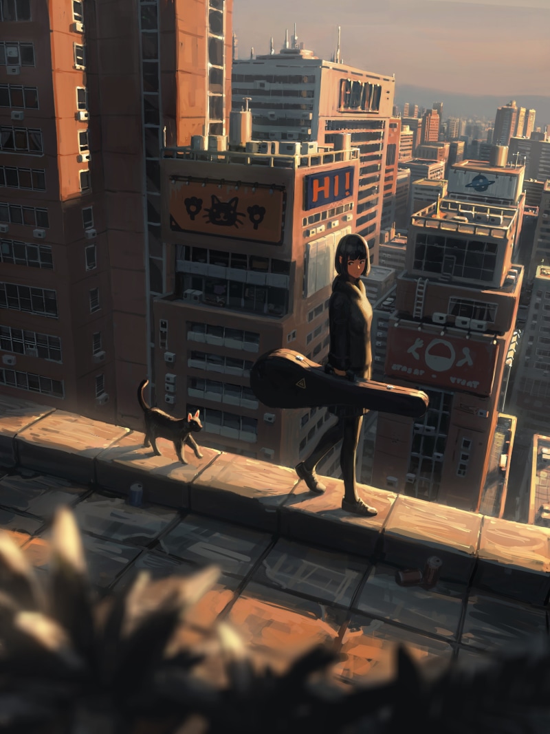 cityscape, 4K, original characters, guitar, anime, artwork, digital art, women with cat, walking, GUWEIZ, illustration, brunette, bokeh, cats, sunset