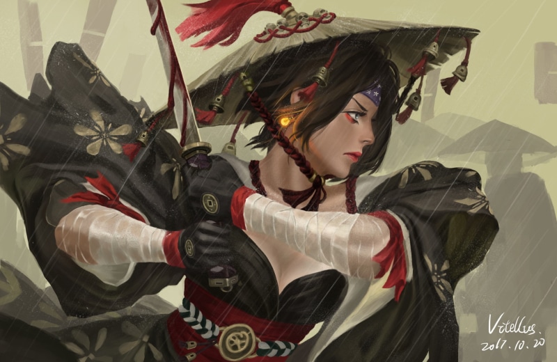 water drops, digital art, Z.W. Gu, samurai, warrior, 1080P, 2017 (Year), fantasy art, fantasy girl, GUWEIZ, blood, katana