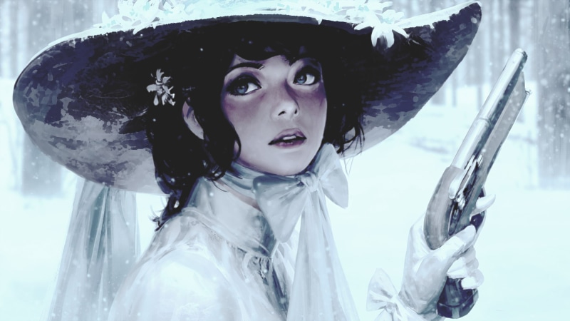 1080P, edit, women, blue eyes, snowing, winter, gun, pistol, artwork, GUWEIZ