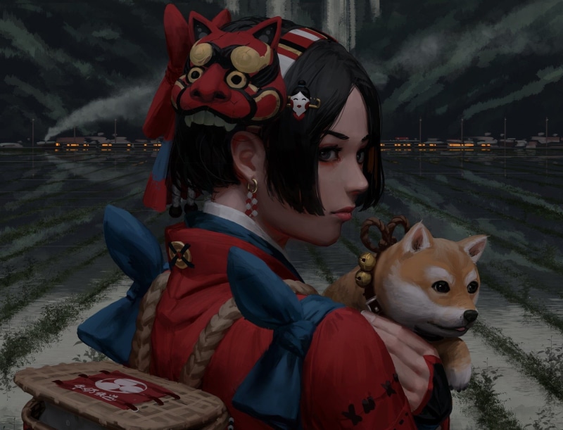1080P, fantasy art, Asian, illustration, samurai, mask, GUWEIZ, dog, painting, digital art, artwork, doge, women