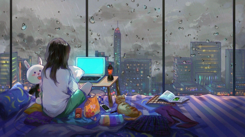 2K, watching, people, illustration, looking away, females, waist up, hairstyle, indoors, real people, artwork, working, looking, adult, computer, rear view