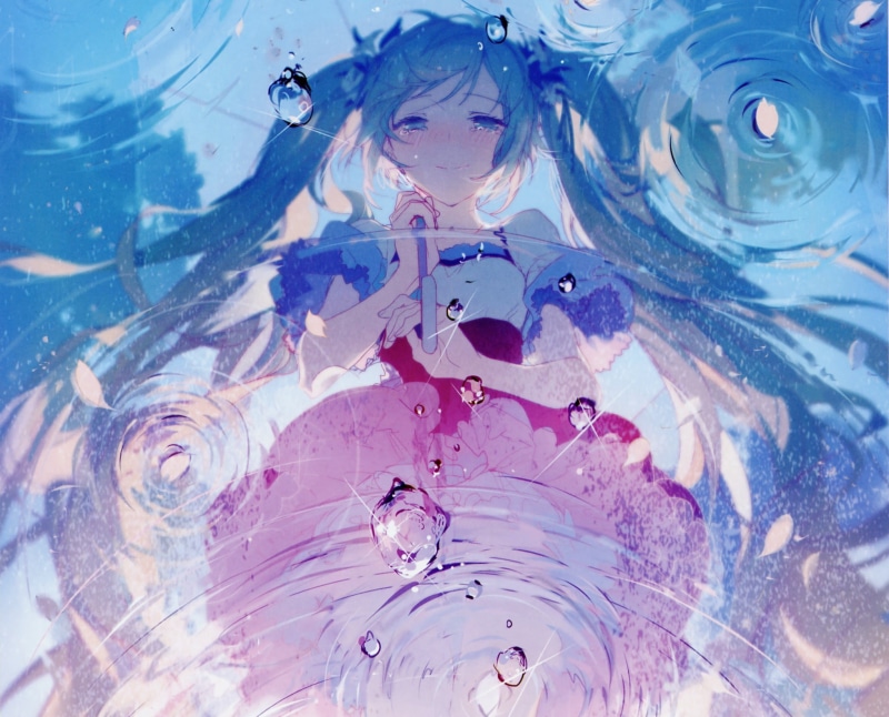 anime, girl, vocaloid, rella, petals, umbrella, reflection, water, hatsune miku, art, 1080P