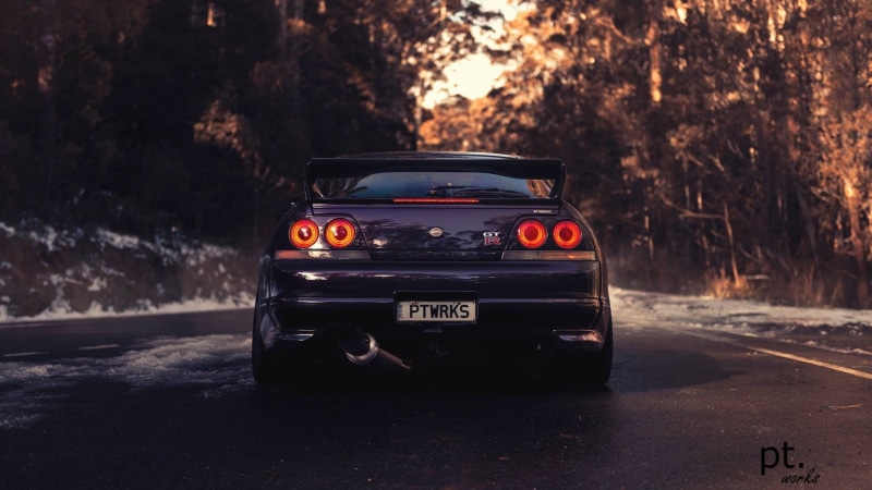 vehicle, road, JDM, 1080P, rear view, Japanese cars, trees, Nissan Skyline, Nissan Skyline GT-R R33, sports car, car, Nissan, snow, purple cars